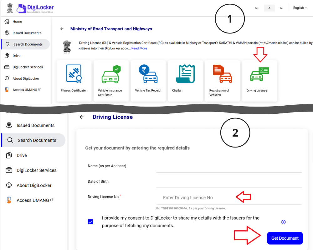 Downloading driving licence from DigiLocker